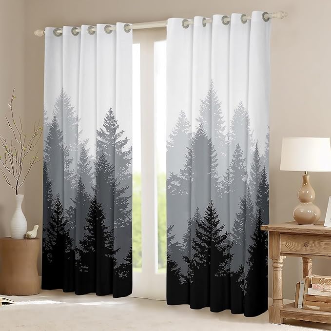 Smoky Mountain Window Curtains 42"Wx90"L,Smoky Fog 50% Blackout Curtains For Kids Boys Teens Men, Landscape Curtains Pine Tree Nature Window Drapes 2 Panels Bedroom Living Room Decor Black Grey