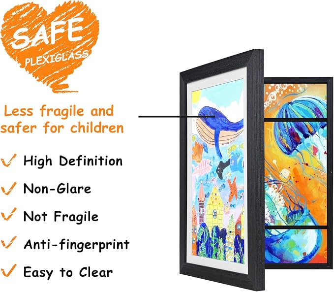 KINLINK 10x12.5 Kids Art Frame 2 Pack, Solid Wood Artwork Frames Changeable, Front Opening Hold 150 Pictures, Art Frames for Kids Artwork, 8.5x11 with Mat 10x12.5 without Mat, Picture Frames Black Wood