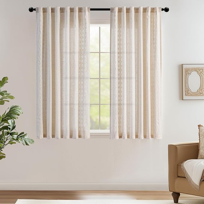 jinchan Boho Curtains Linen Blend Ivory Farmhouse Curtains 63 Inches Long for Living Room Square Embroidered Bordered Back Tab Living Room Window Light Filtering Bohemian Drapes 2 Panels