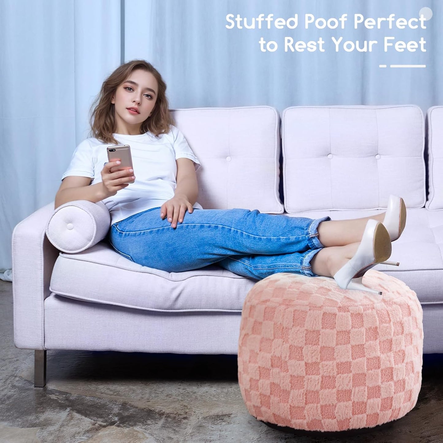 HIGOGOGO Round Stuffed Pouf Ottoman, Plaid Poufs with Foam Chunk Filling, Fluffy and Furry Pouf Foot Stool Storage Ottoman, 20 X 15 Floor Poufs Foot Rest for Living Room, Pink