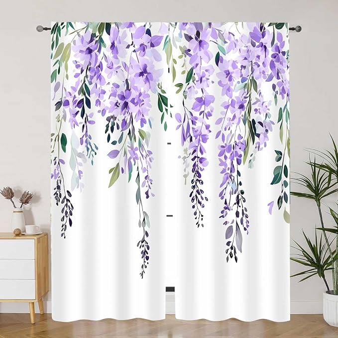 Purple Watercolor Floral Curtains, Botanical Leaves Vine Flowers Curtain, Rustic Farmhouse Flower Leaf Blackout Window Treatment Drapes for Bedroom Living Room 52x72 inch, 2 Panels