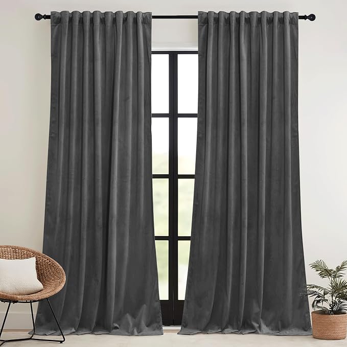 RYB HOME Grey Velvet Curtains 90 inches - Super Soft Blackout Curtains Thermal Insulated Drapes Heat Block Room Darkening Panels for Bedroom/Studio, Wide 52 x Long 90, Grey, 2 Panels