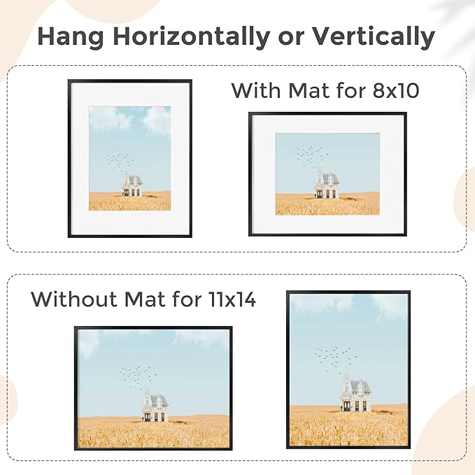 FLYJOE 11x14 Picture Frame - 11 by 14 Metal Picture Frame With Mat For 8x10 | 14x11 Frame Aluminum | Plexiglass And Hanging Hardware Included | 11x14 Poster Frame | Black
