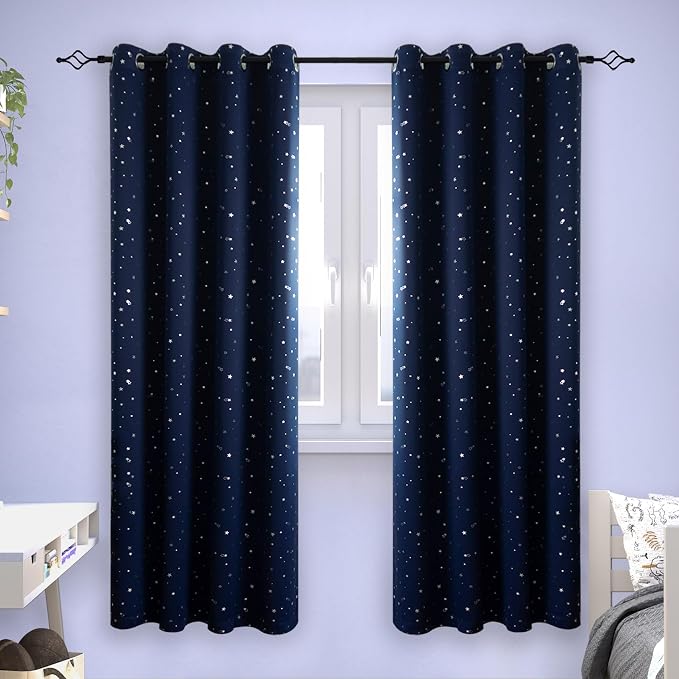 BGment Kids Blackout Curtains for Bedroom - Grommet Thermal Insulated Silver Star Print Room Darkening Curtains for Kids Room, Set of 2 Panels, 55 x 69 Inch, Navy Blue
