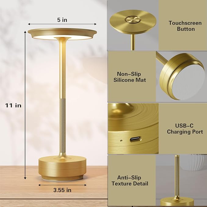 Cordless Rechargeable Table Lamp,LED Portable Touch 5000mAh Battery Operated Table Lights,with Memory Function 3-Level Brightness for Patio,Bars,Outdoor Camping,Dining,café(2P Gold)