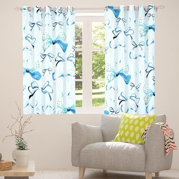 Feelyou Bow Room Darkening Blackout Curtain Boys Girls (2 Panels, 52 x 84 Inch) Cute Bowknot Curtains for Bedroom Living Room Blue Girls Bow Blackout Curtains Kawaii Bow Window Treatments