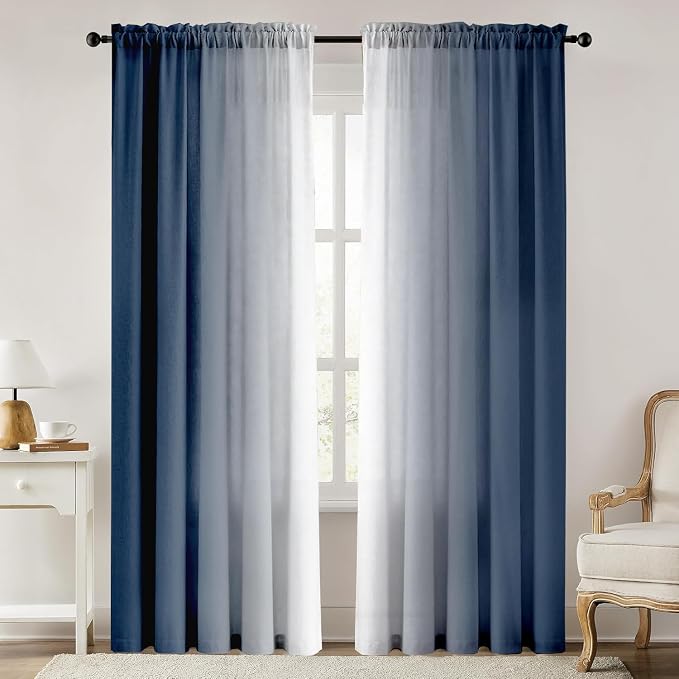 Blue Curtains 84 Inch Length 2 Panel Set Blue White Ombre Curtains for Living Room Bedroom Farmhouse Ombre Light Filtering Window Curtain Modern Gradient Drapes