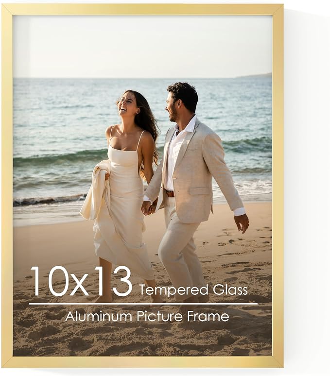 FLYJOE 10x13 Metal Picture Frame - Gold Aluminum Picture Frame with Real Glass, Wall Mounting Horizontally or Vertically, Simple and Elegant Decor for Wall Gallery Poster Photo 13x10 Frame, Gold