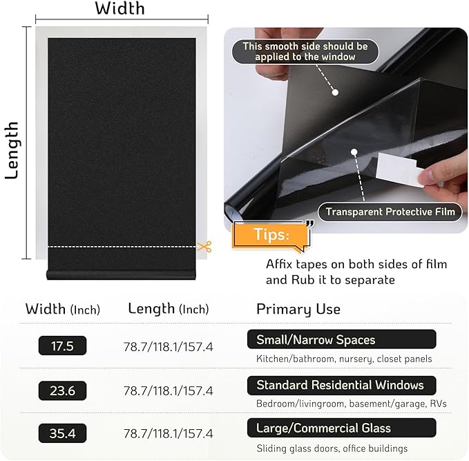LUTE Blackout Window Film, Sun Light Blocking Frosted Privacy Cling for Glass, Darkening Window Tint for Day Sleep Black Out Shades, UV Blocking Static Cling Blackout Cover， 23.6" x 157.4"