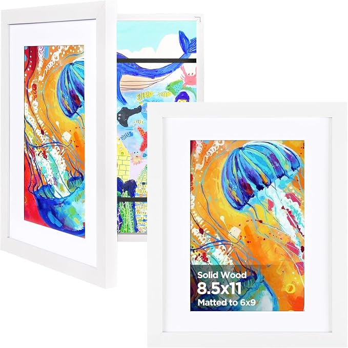 KINLINK 8.5x11 Kids Art Frame 2 Pack, Solid Wood Artwork Frames Changeable, Front Opening Hold 150 Pictures, Art Frames for Kids Artwork, 6x9 with Mat 8.5x11 without Mat, Picture Frames White