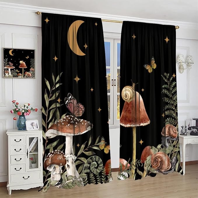 Retro Mushroom Blackout Curtains,Snail Butterfly Window Drapes,Boho Night Plants Leaves Moon Star Botanical for Living Room Kitchen Bedroom,Black Background 63x72in