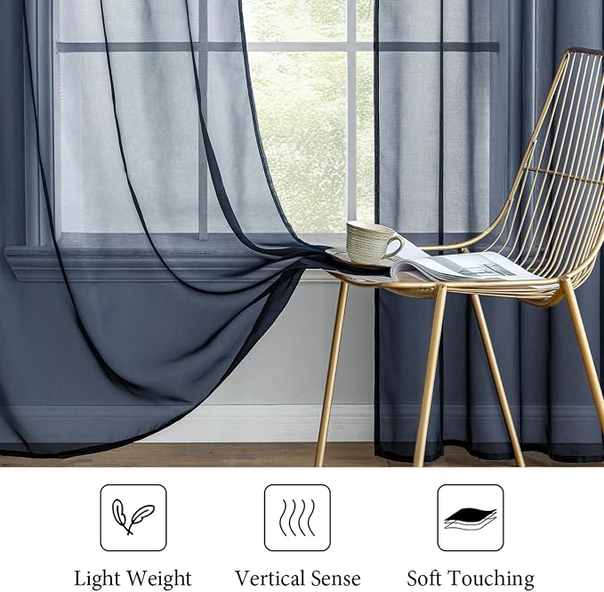 MIULEE 2 Panels Navy Blue Sheer Curtains 96 inches Long Window Curtains Rod Pocket Elegant Window Voile Panels/Drapes/Treatment for Bedroom Living Room (54X96 Inches)