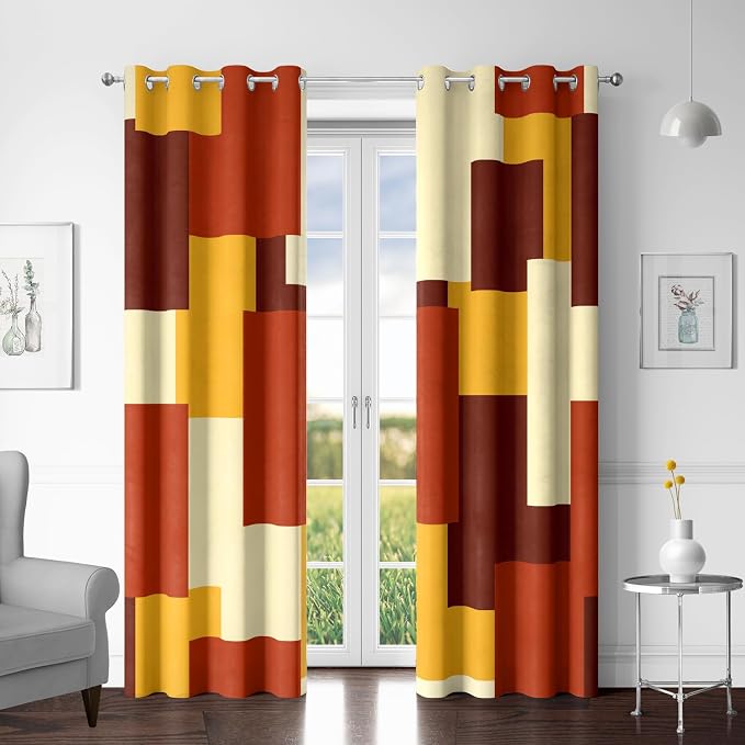 Tyrot Rust Burnt Orange 100% Blackout Curtains for Bedroom 63 inch Long 2 Panels Set Modern Abstract Geometric Black Out Curtains Insulated Room Darkening Window Drapes for Living Room, 52Wx63L