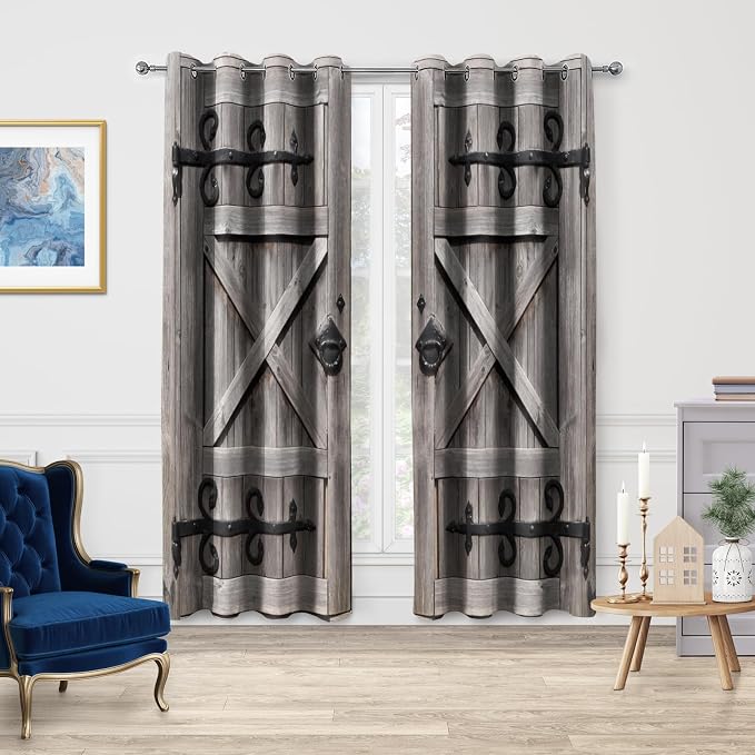 Jekeno Retro Wood Door Blackout Curtains Vintage Rustic Ancient Forged Door Pattern Privacy Drapes Decor Bedroom Apartment Living Room Darkening Grommet Window Treatments 2 Panels Set, 52x63 Inch