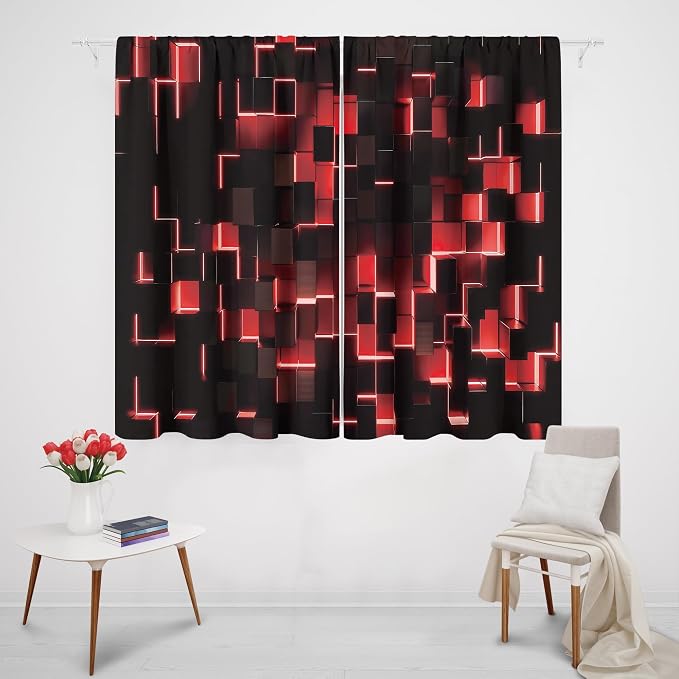 MESHELLY Abstract Red Black Curtains 42Wx45H Inch Rod Pocket Modern 3D Gradient Design Futuristic Geometric Cubes Bedroom Window Drapes Man Boys Printed Living Room Window Treatment Fabric 2 Panels