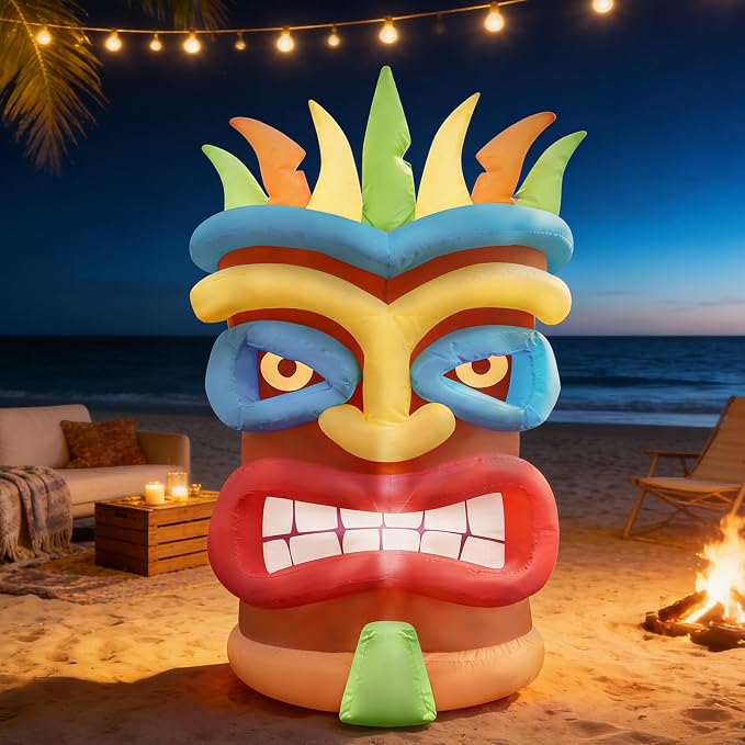 3.9Ft Tiki Inflatable Luau Decoration, Outdoor Hawaiian Blow up Decor with LED Lights, Pool Party Summer Decor Tiki Bar Statue Ornaments for Tropical Party Lawn Luau Aloha Bar Beach