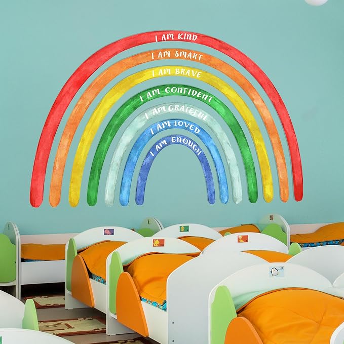 Tinideya 77" x 47'' Large Watercolor Rainbow Wall Decal with Inspirational Quote, Peel and Stick Rainbow Stickers Watercolor Vinyl Wall Mural Art for Girls Toddlers Playroom Bedroom Classroom(Bright)