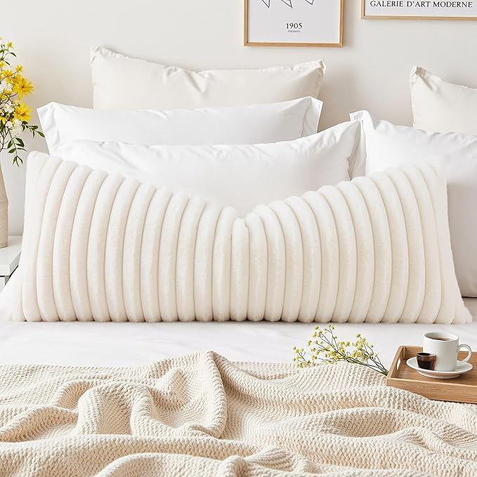decorUhome Fall Cozy Faux Fur Throw Pillow Covers 14x36 Pack of 1 Decorative Soft Plush Striped Lumbar Modern Farmhouse Boho Couch Pillow Cases with Velvet Back for Sofa Bed Living Room, Cream White