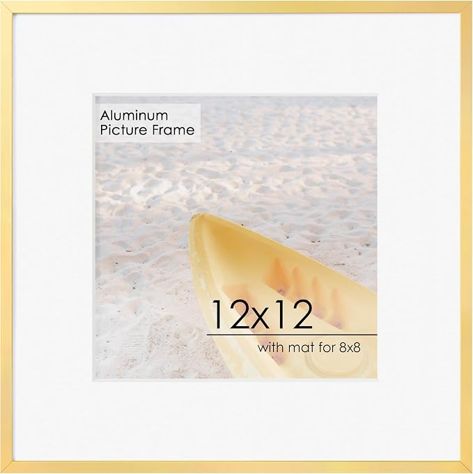 FLYJOE 12x12 Frame - Metal Square Picture Frame With Plexiglass | 12x12 Frame With Mat for 10x10 | Minimalist Modern Poster Frame Horizontal & Vertical formats | Hanging Hardware Included | Gold