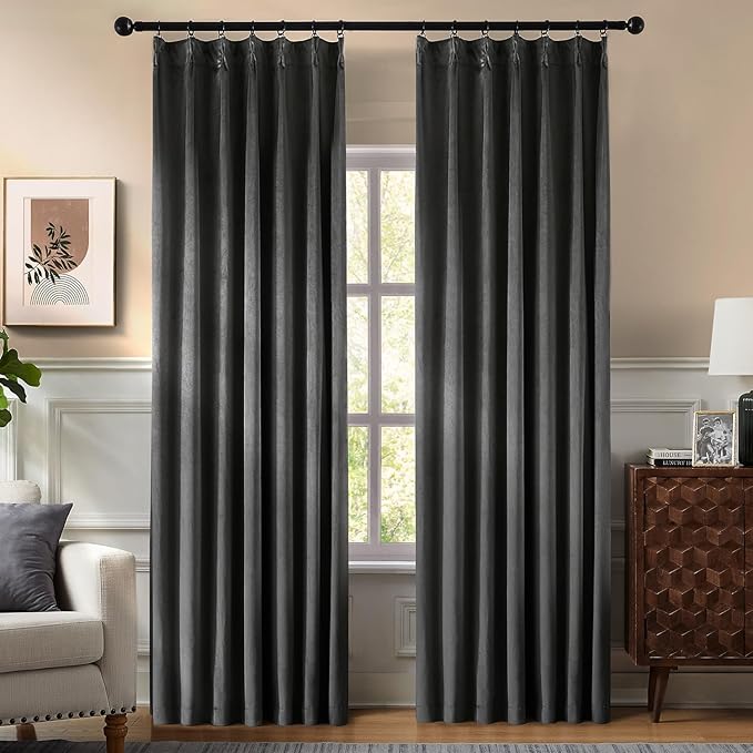 Pinch Pleated Blackout Curtains for Bedroom, Grey Velvet Curtains for Living Room, Black Out Curtain 90 inch Long Room Darkening, Blackout Pinch Pleatd Drapes with Hooks 2 Panels