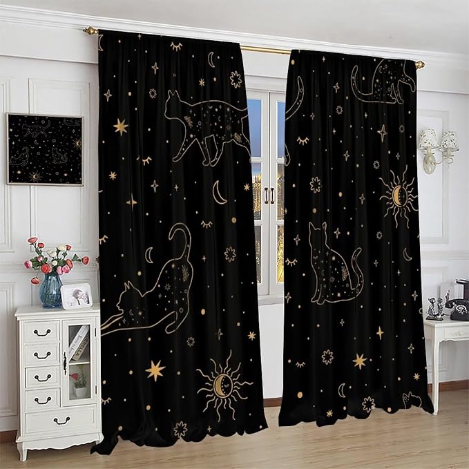 Sun Moon Cat Blackout Curtains, Golden Starry Cats Mystery Stars Sun Moon Magic Sky Window Treatment Drapes for Bedroom Living Room 55" W X 63" L