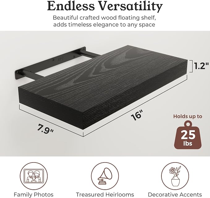 Black Floating Shelves for Wall, 7.9" Deep Wall Mounted Floating Shelves for Bedroom, for Wall, Living Room, Kitchen, for Books/Storage/Room Decor (Black, 16")