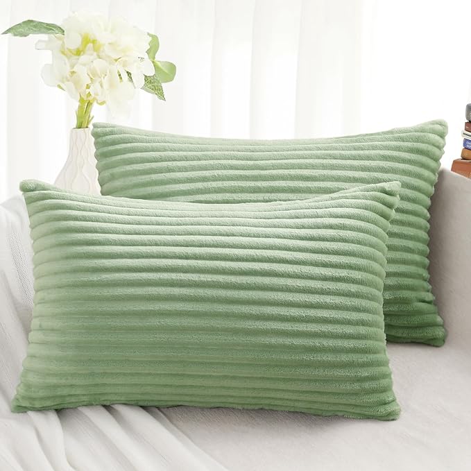 Simmore Decorative Fall Fall Throw Pillow Covers 12x20 Set of 2, Soft Natural Plush Flannel Double-Sided Fluffy Rectangle Pillow Covers for Couch Sofa Living Room, Sage Green