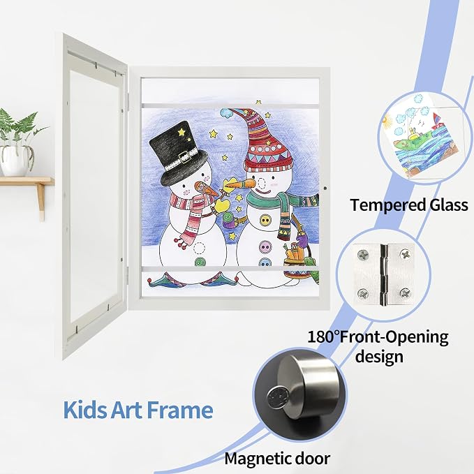 iRahmen Kids Art Frames 10x12.5 Set of 2 - Front Opening Childrens Picture Frame Changeable, Wood Artwork Display Storage for Wall Mount, Magnetic Door Holds 50 Art Pieces for Drawings, 3D Picture, Crafts, Portfolio, White