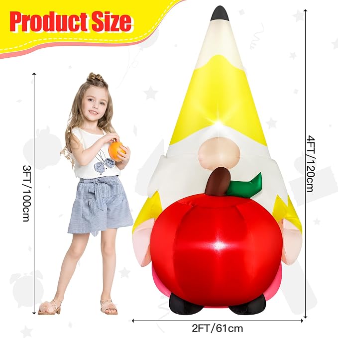 4FT Back to School Inflatable Gnome Outdoor Decorations Blow-up Inflatables Pencil Gnome with Apple Built-in 2 LED Lights for First Day of School Party Back to School Classroom Decor for Yard Lawn