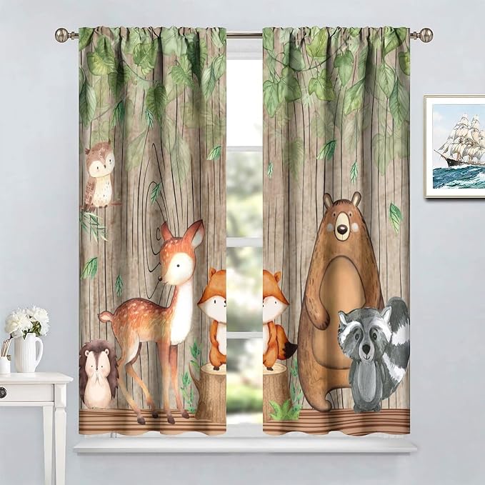 YCness Forest Animal Kids Curtains, Wild Rustic Bear Fox Deer Children Cartoon Window Treatments for Living Room, Watercolor Navy Blackout Drapes 2 Panel Sets,42x54 Inch, Style-7