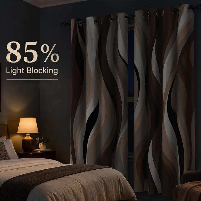 Brown Abstract Blackout Curtain, Stripe Black White Gray Aesthetic Art Window Curtains Living Room Bedroom Decor Darkening Window Drapes Treatments, 2 Panels 52x96 Inch