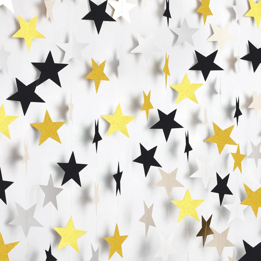 Patelai Glitter Star Garland Banner Decor 130 Feet Star Hanging Bunting Banner Twinkle Backdrop for Homecoming Classroom Wedding Birthday Halloween Christmas Party Supplies(Silver Gold Black)