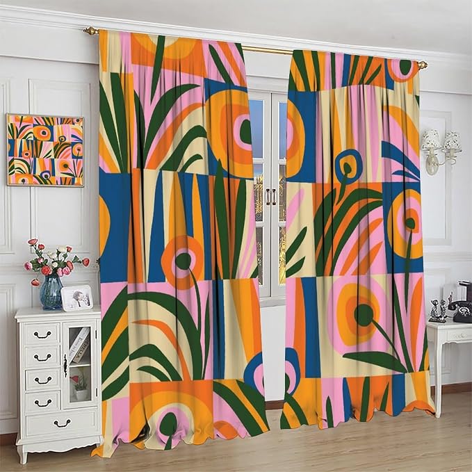 JESTRONRY Mid Century Boho Curtains, Modern Abstract Cute Retro Floral Vintage Checkered Flower Print Blackout Window Door Curtains for Bedroom Living Room Home Decor 72x63in