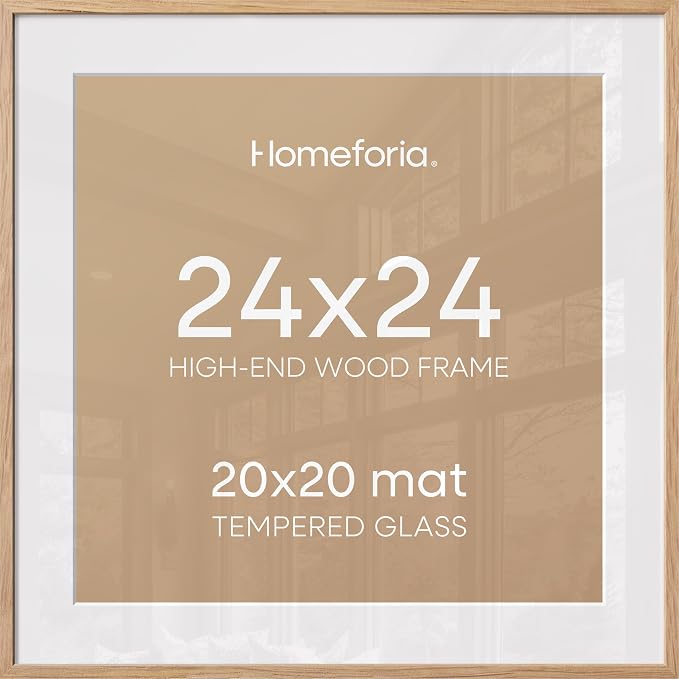 Homeforia 24x24 Wood Picture Frame, High End Natural Oak 24 x 24 Square Light Wooden Poster Frame with Mat 20 by 20 Photo, 24by24 Large Frames Matted to 20x20 Print, Tempered Glass, Wall Kit, Set of 2