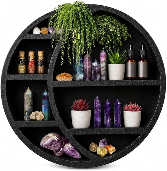 Wooden Crescent Moon Shelf — Boho Wall Decor Crystal Display Shelf for Bedroom, Dorm & Nursery | Crystal Holder for Essential Oils, Witchy & Moon Phase Decor | 14x14x3.5 | Paulownia Wood