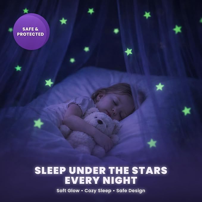 Bollepo Purple Bed Canopy for Girls with Glowing Stars - Princess Netting Room Decor, Ceiling Tent to Cover Toddler | Single, Twin, Full, Queen Size Kids Bed, Fire Retardant Fabric
