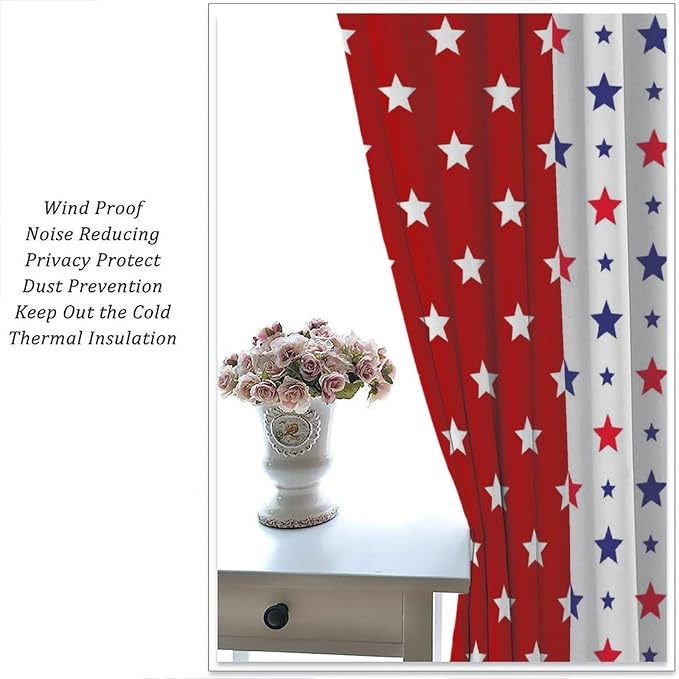 4th of July Curtain,Patriotic Stars Stripes Red White Blue Independence Day Drapes for Bedroom Living Room Kitchen Window Treatment 2 Panels Set Total Size 55" W X 63" L Inch