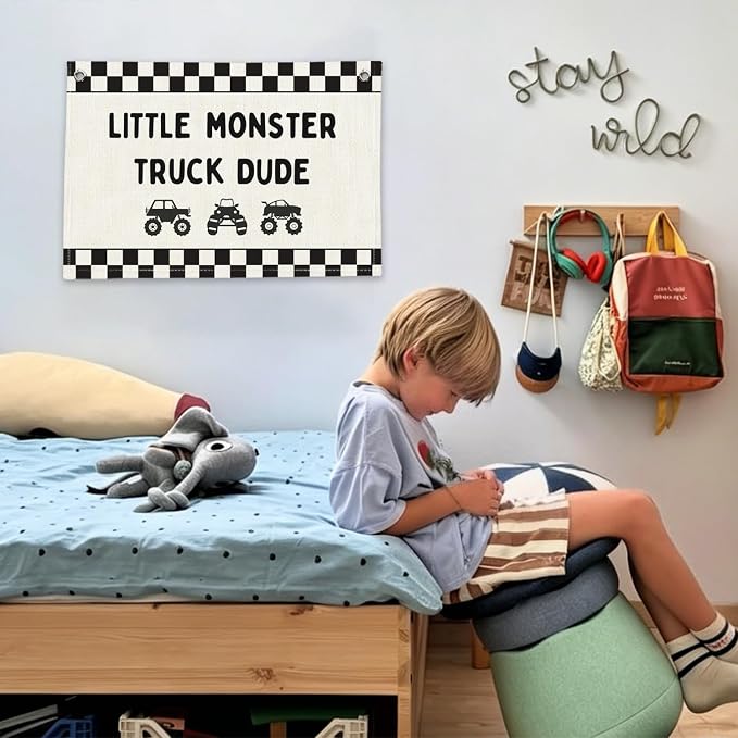 RTXLEZM Little Monster Truck Dude Room Decor, Kids Room Decor | Monster Truck Car Wall Canvas Banner Hanging,Checkered for Toddler Playroom Kids Room Nursery Boys Toy Room Bedroom 20x30