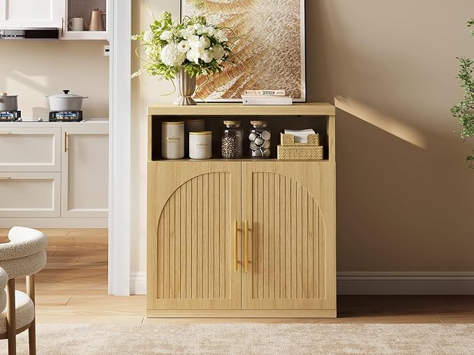 Fluted Buffet Cabinet with Storage, 31.5" Wide Wood Sideboard Credenza with Open Storage Shelf & Adjustable Shelves, Modern Kitchen Entryway Accent Table for Dining Room Living Room Hallway, Oak