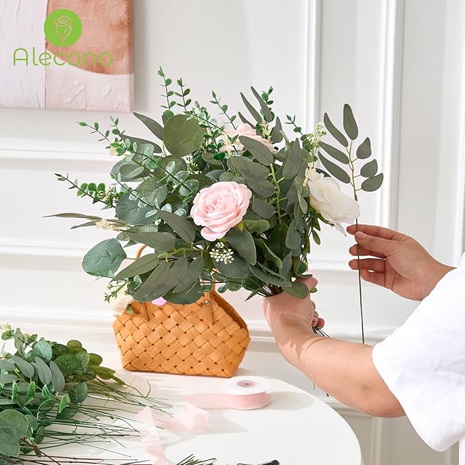 Alecono 300pcs Mixed Eucalyptus Leaves Stems Bulk, 4 Kinds Artificial Greenery Stems Faux Sliver Dollar Fake Greenery for Centerpieces Wedding DIY Bouquets Floral Arrangement Party Decor