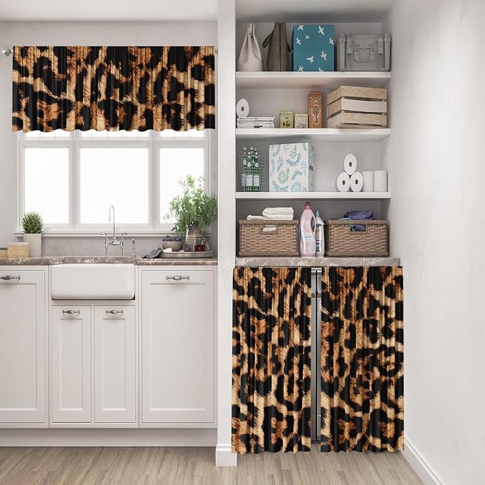 3 Set Leopard Kitchen Curtains Sets 58Wx14H+(28Wx36H)*2 for Windows Rod Pocket Christmas Kitchen Curtains Set Wild Animals Cheetah Print Farmhouse Style Window Drapes