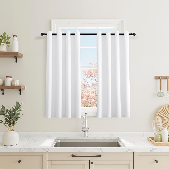 Jowels White Linen Blackout Curtains 58 Length 2 Panels Set for Living Room Bedroom, 100% Black Out Thermal Insulated Linen Drapes, Room Darkening Grommet Curtains 58 Inches Long