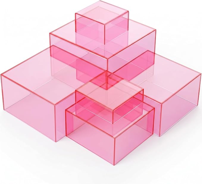 Geelin 6 Pack Acrylic Risers for Display Acrylic Cube Boxes Risers Display Stands with Hollow Bottoms Decorative Stand for Jewelry Candy Table Decor 6 Sizes (Clear Pink,7 to 12 Inch,Square)