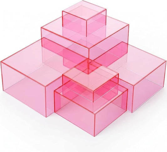 Geelin 6 Pack Acrylic Risers for Display Acrylic Cube Boxes Risers Display Stands with Hollow Bottoms Decorative Stand for Jewelry Candy Table Decor 6 Sizes (Clear Pink,7 to 12 Inch,Square)