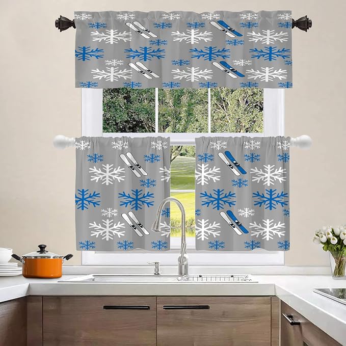 Shrahala Snowflakes Skis Blackout Short Curtains for Windows, Winter Sports Themed Pattern Kitchen Valance Thermal Insulated Rod Pocket Window Treatment for Bathroom 52 X 18 in