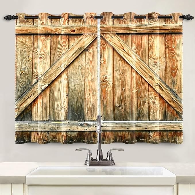 Closed Door Barn Door Curtains Rustic Vintage Wood Door Wooden Plank Window Curtains Farmhouse Countryside Living Room Kitchen Curtain Drapes Treatments Grommets Top,21x45 inch,2 Panels