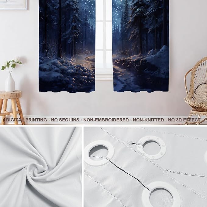 Shrahala Winter New Year Blackout Window Curtains, Stars Forests Snow Night Thermal Insulated Curtains Grommet Long Drapes for Bedroom,Living Room (2 Panels, 52 x 63 in)
