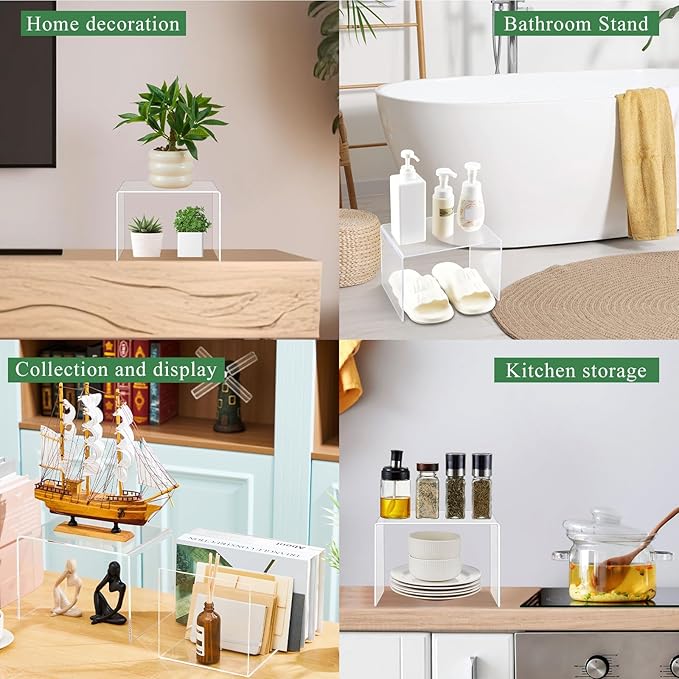 RattanView 2 Pcs 9 x 6 x 6 Inch Large Acrylic Risers Display Stands 5 mm Thick Acrylic Shelf Riser Showcase for Bookshelf Collectibles Jewelry Cupcakes Food Figures Perfume Cabinet (Clear)