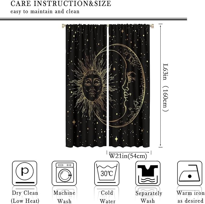 Gold Sun and Moon Blackout Windows Curtains, Fantasy Mandala Bohemian Universe Galaxy Printed Curtains, for Living Room Bedroom 42x63in 2 Panels