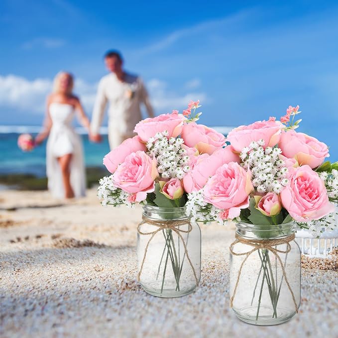 Zeyune 12 Sets Mason Jar Centerpiece Table Decorations, Artificial Peony Baby's Breath Flower Bouquets, Faux Flowers with Vase, Rustic Decor Gifts for Home, Wedding, Holiday (Coral Pink)